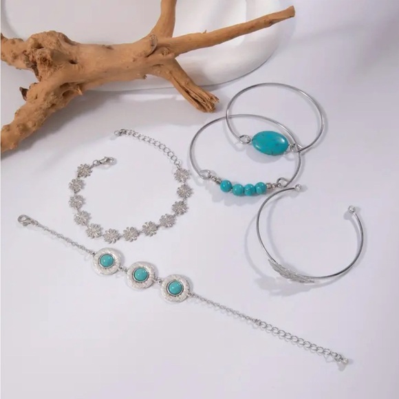 Turquoise and Silver Bohemian Bracelet Set - Picture 2 of 2